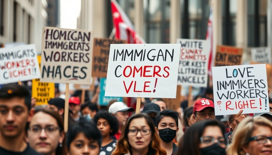 May Day protests with diverse crowd holding signs for immigrant rights.
