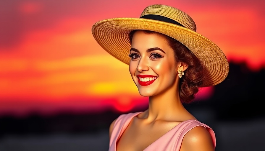 Elegant woman smiling at sunset, 1950s attire.