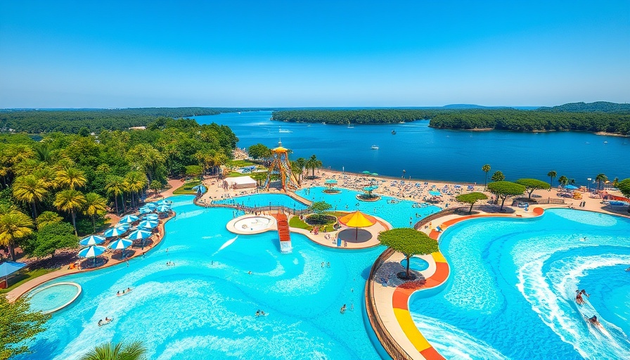 Aerial view of a water park in Georgia with pool and forest.