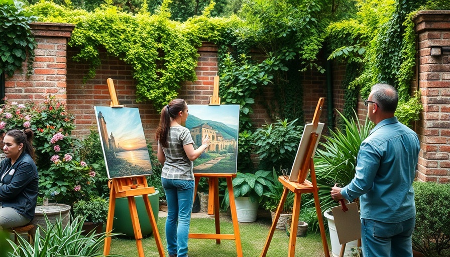 Artist painting in an outdoor Atlanta local event, lush garden.