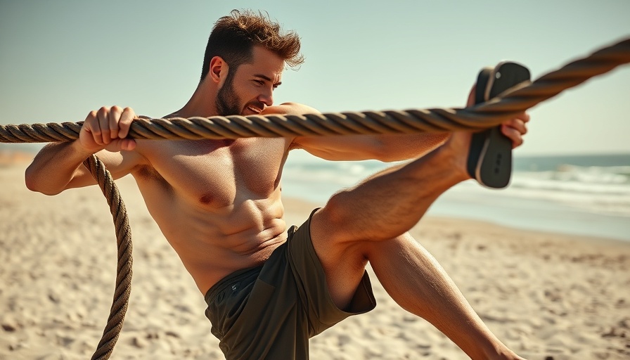 Athletic man doing battle rope slams on a sunny beach.