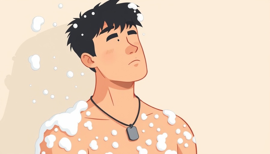 Cartoon of person in shower with soap suds, illustrating how to take a military shower.