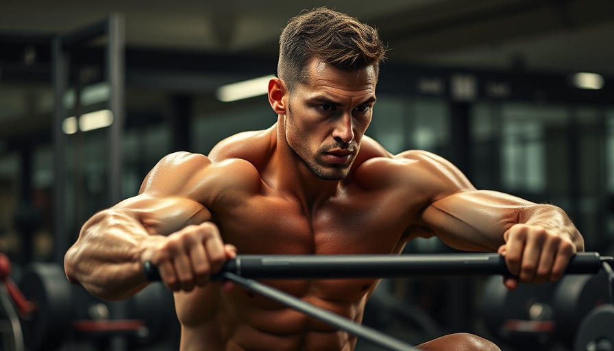 Muscular male doing resistance band row in gym, back muscles focused