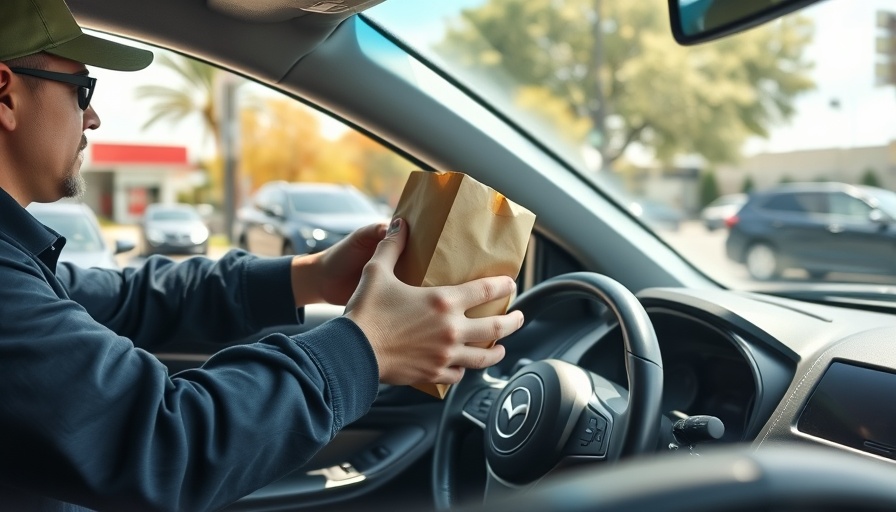 Drive-thru exchange of healthiest fast food order in urban setting.