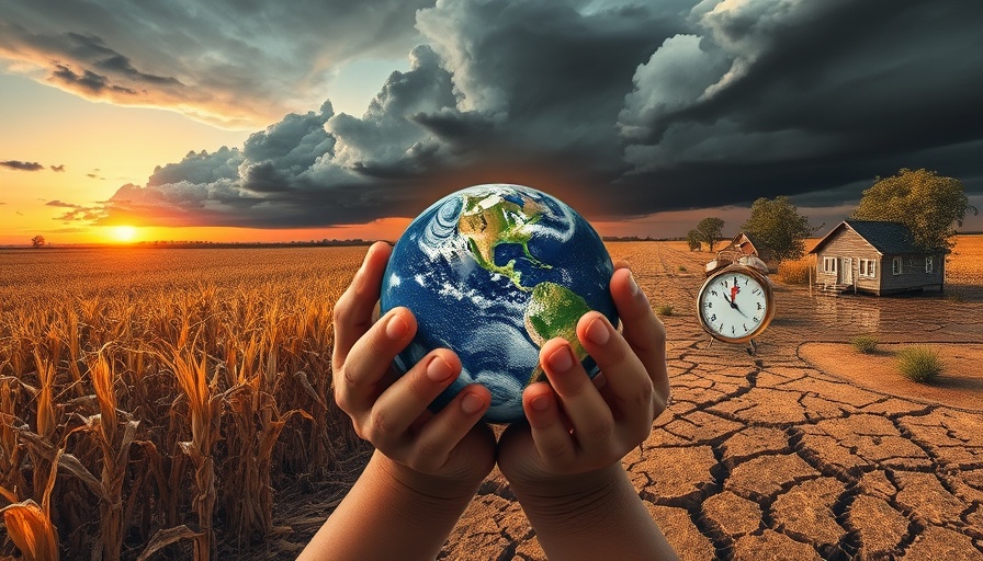 Conceptual climate change impact with dry corn, storm clouds, and floods.