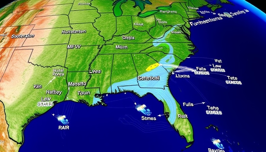 US weather map depicting atmospheric river in Southeast, showing rain and storms.
