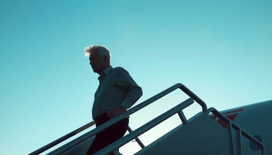 Silhouette of a man walking up airplane stairs.