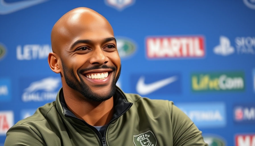 Smiling man at press event in green jacket with sports backdrop.
