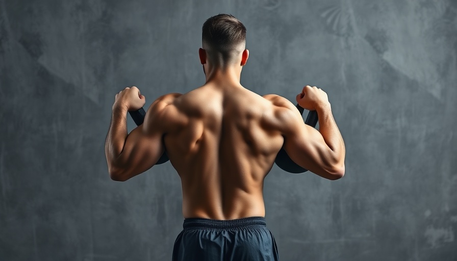 Upper back exercises demonstration with kettlebells, muscular male back.