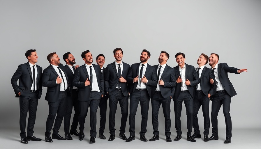 Men in suits posing playfully for Straight No Chaser Holiday Road Tour.