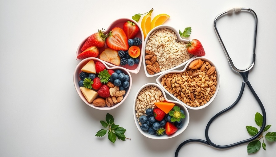 Heart-shaped bowls of plant food and stethoscope for heart health.