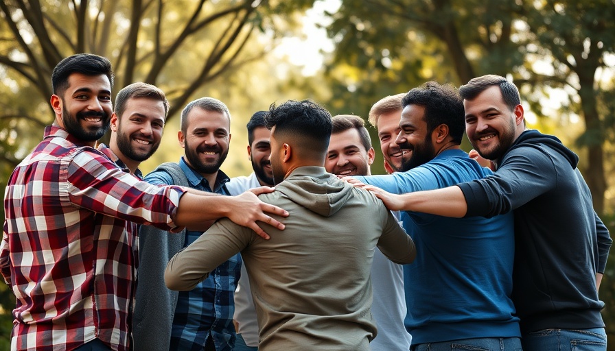 Men's personal growth highlighted by group unity outdoors.