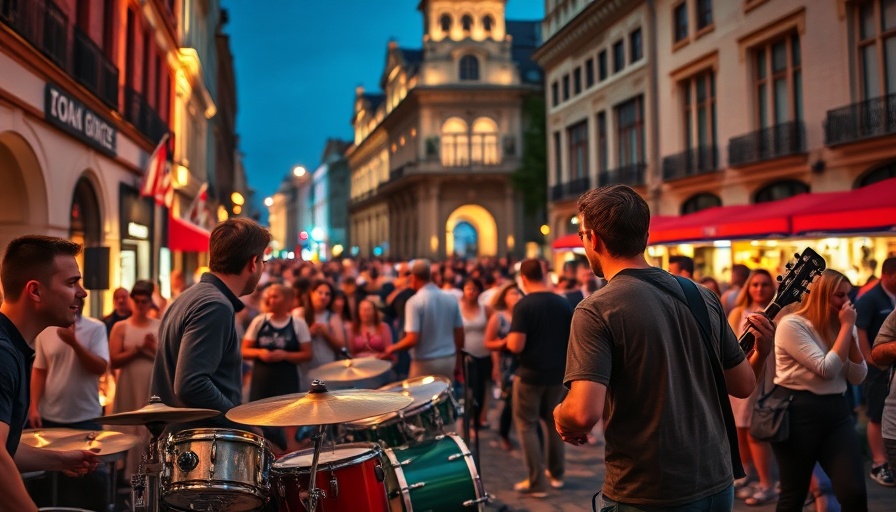 Outdoor concert at an Atlanta event with musicians performing at night.