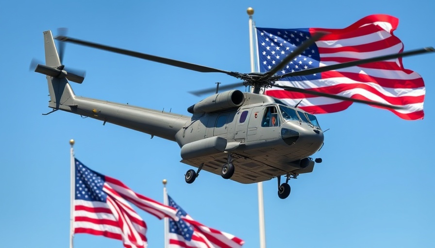 Military helicopter near American flags in daylight.