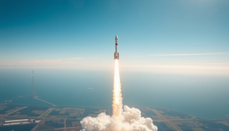 Rocket powered by rotating detonation rocket engine launching into clear blue sky.