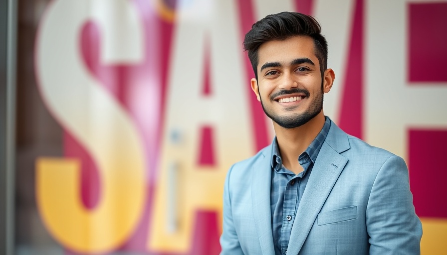 Confident young man smiling in a light blue suit, professional setting.