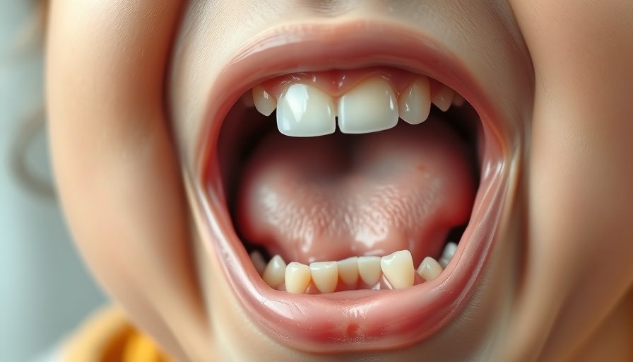 Close-up of child's smiling open mouth with missing teeth.