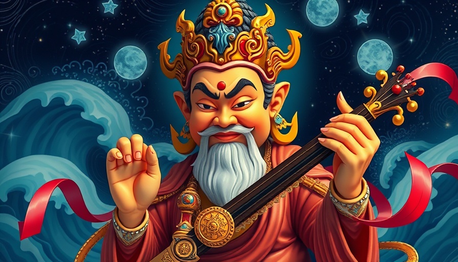 Buddhist deity illustration with musical instrument under starry sky.