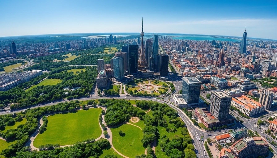 Aerial view of cityscape with large park and skyscrapers illustrating reduced obesity.
