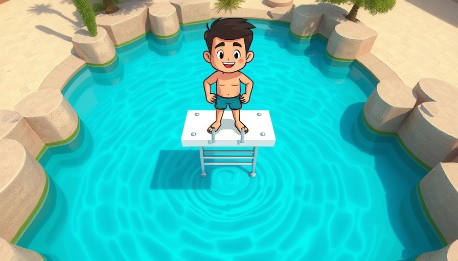 Cartoon figure preparing to dive into a pool from height