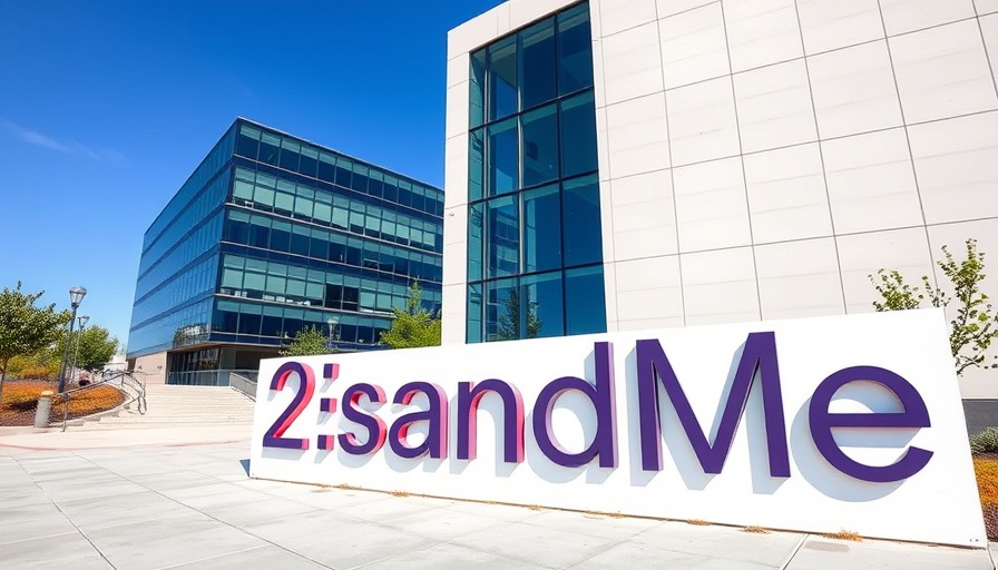 23andMe logo outside modern corporate building, highlighting potential Regeneron acquisition.
