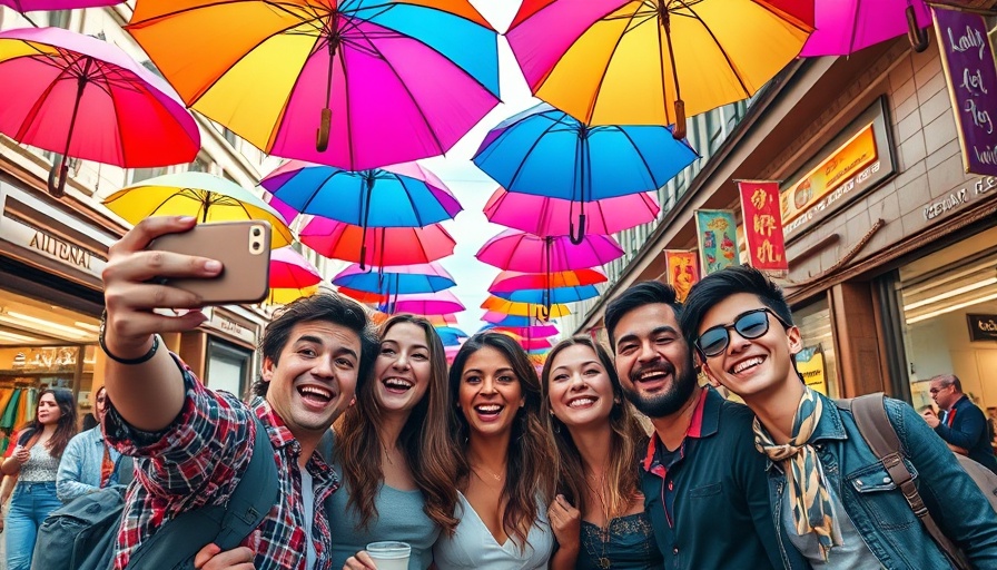 Friends enjoying Atlanta local events under colorful umbrellas.