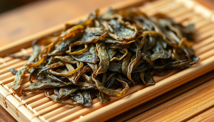 Dried kombu seaweed on bamboo tray, enhancing gut health.