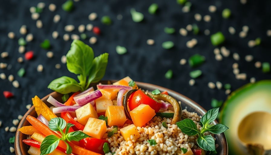 Colorful plant-based diet bowl for Crohn's disease on black background.