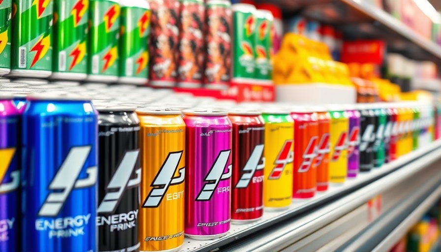 Colorful energy drink cans on a store shelf discussing taurine cancer risks.