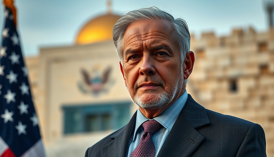 Older man at U.S. Embassy Jerusalem with American flag backdrop