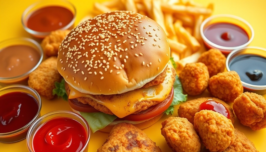 Ultra-Processed Food Intake Testing with fast food variety on yellow.