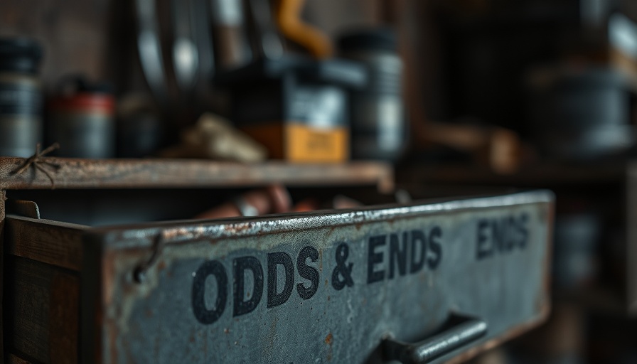 Close-up of metal drawer labeled 'Odds & Ends', moody lighting.