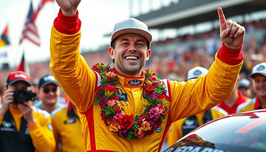 Alex Palou celebrates Indianapolis 500 victory with wreath, smiling.