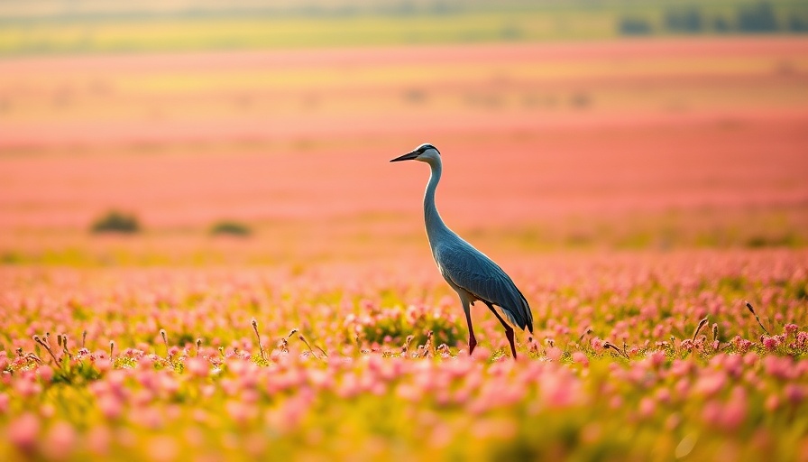 Solitary crane in meadow showcasing nature's calm beauty.