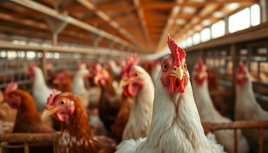 Chickens in cages inside a poultry farm with soft lighting.