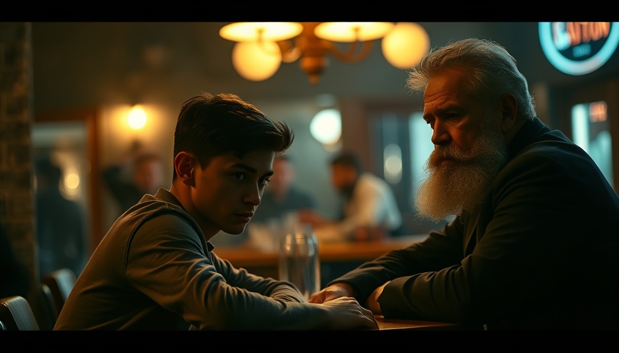Pensive man in a bar setting discussing with others, warm ambient light.