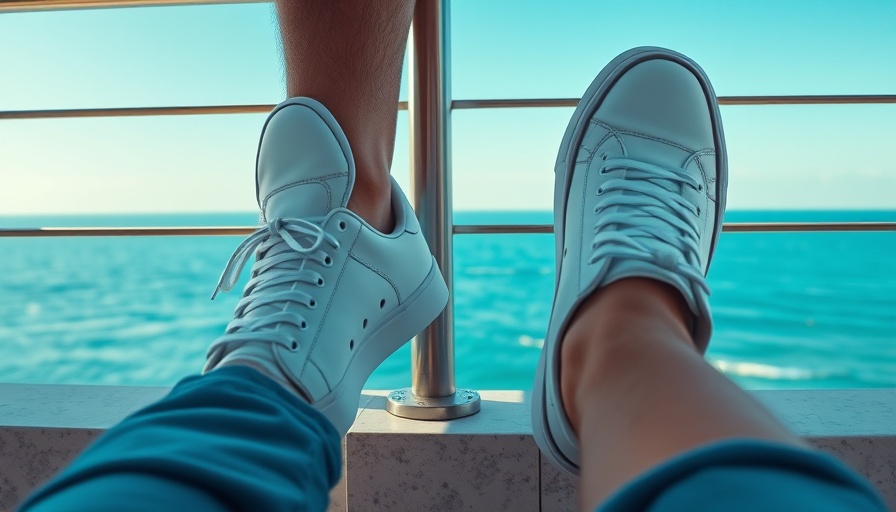 White sneakers against ocean view, best summer shoes for men.