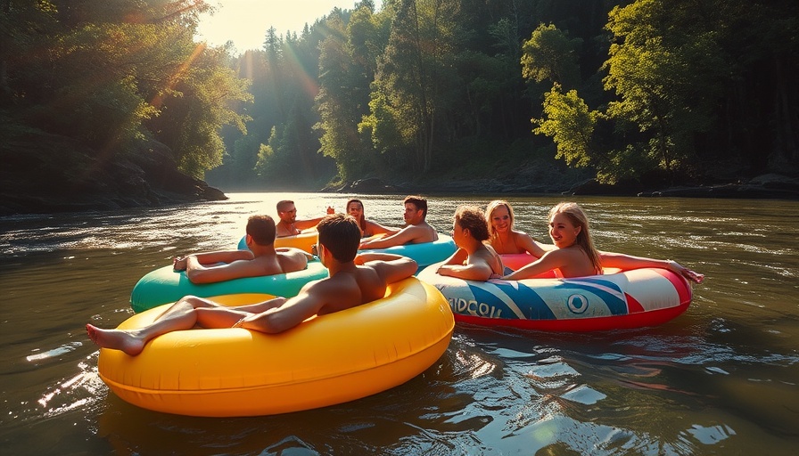 Group floating on river during Atlanta vacation, soaking up sun.
