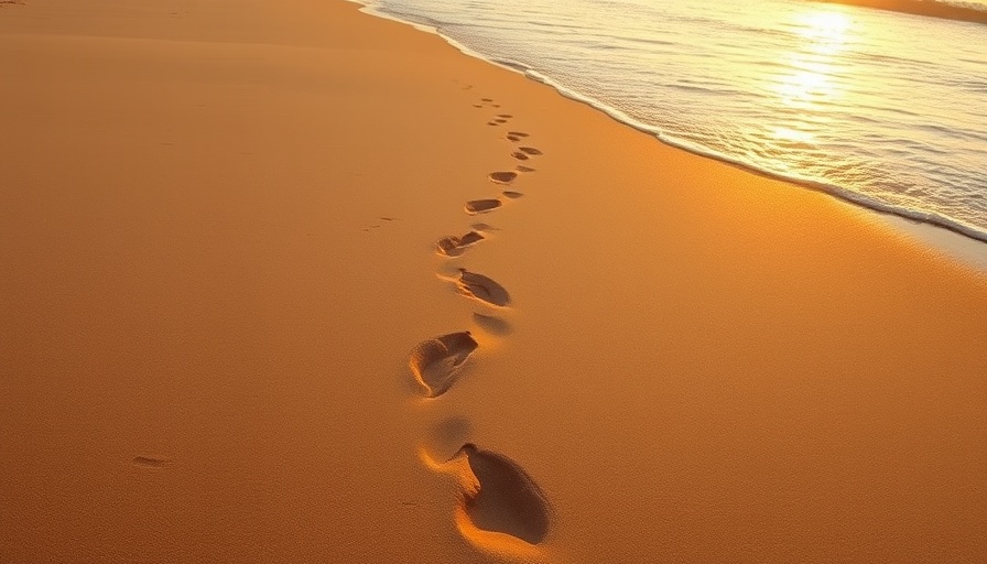 Tranquil beach scene at sunrise with footprints, illustrating coastal living benefits.