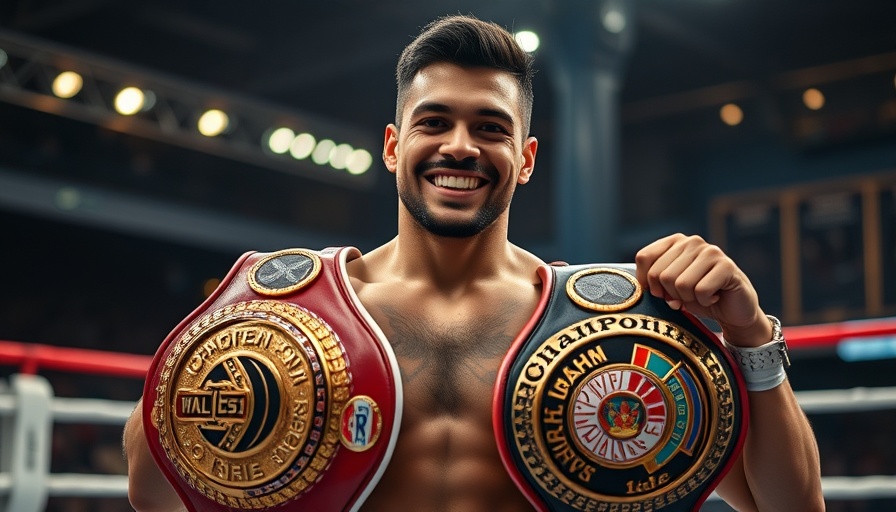 Confident athlete with championship belts, vibrant setting