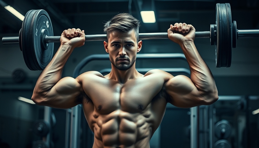 Fit man performing barbell overhead press in dark gym.