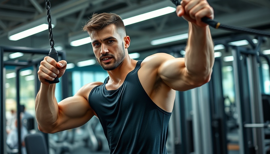 Fit man demonstrating biceps giant triset in a gym.
