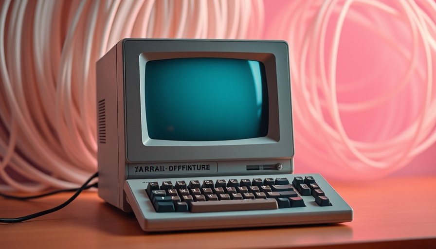 Vintage computer on brown surface with 3D-printer filament backdrop.