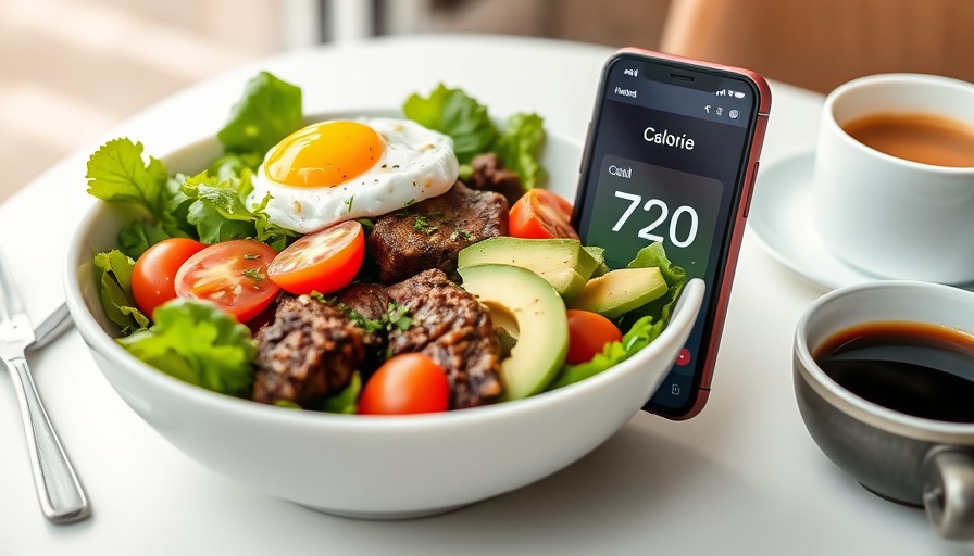Calorie tracking app beside nutritious salad highlights diet and mental health.
