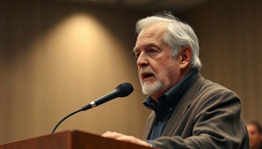 Elderly man addressing audience at podium, serious expression.