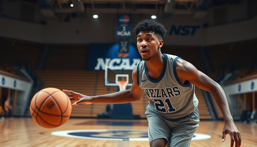 NCAA logo on basketball court with player dribbling