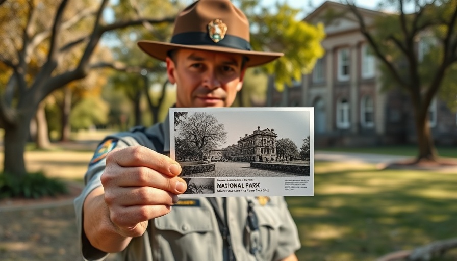 National Park Service ranger displays historical photo in park.