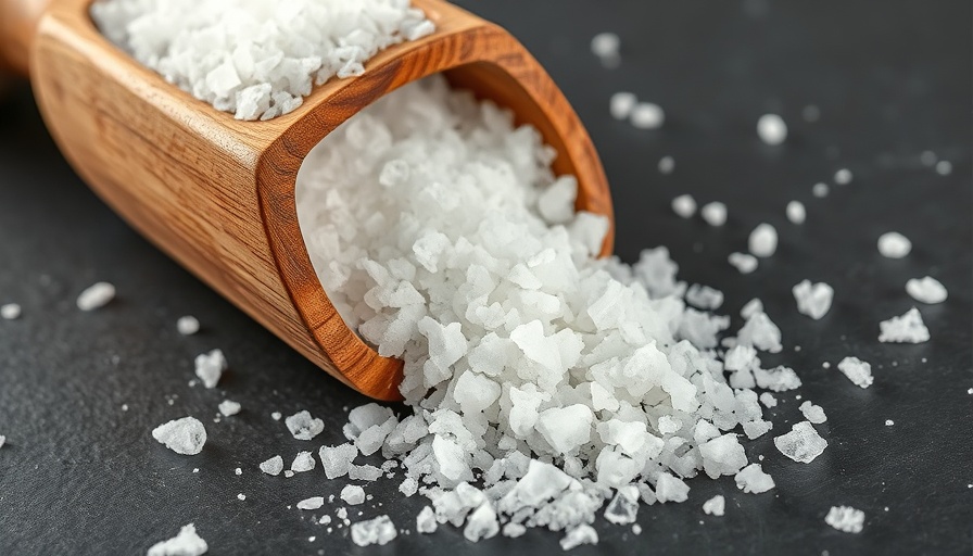 Coarse salt spilling from a wooden scoop on slate surface for men's nutrition context.