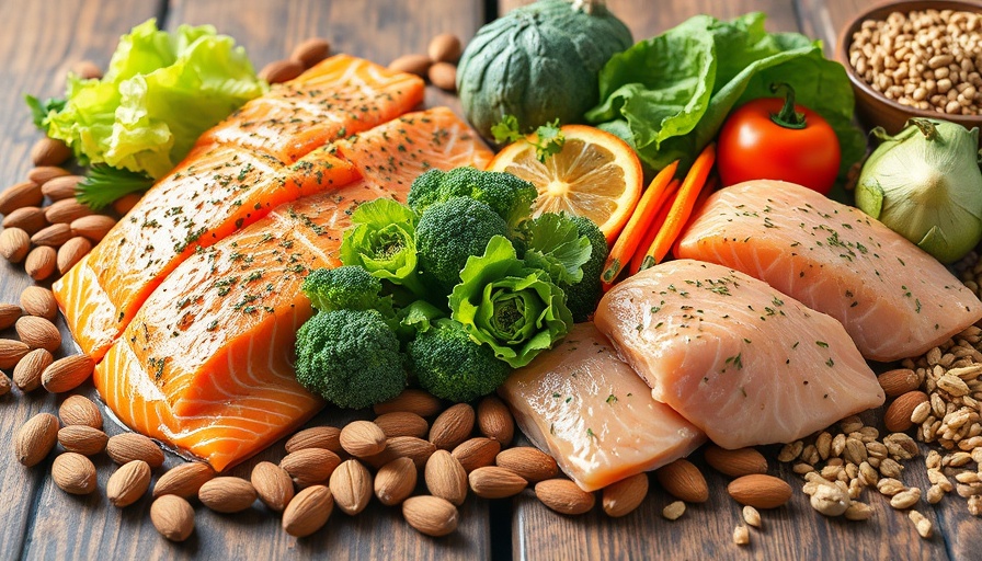Assorted healthy foods like salmon, chicken, and vegetables emphasize variety in diet.