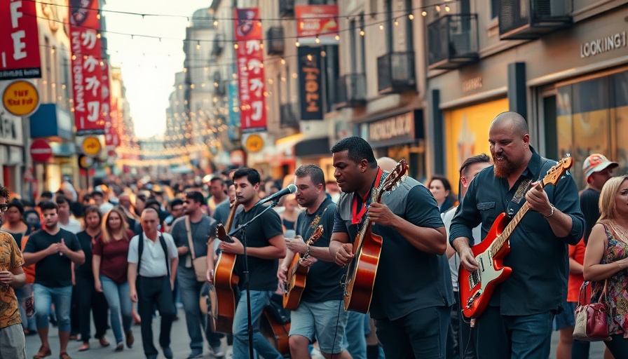 Band performing at Atlanta local street event with crowd and lights.